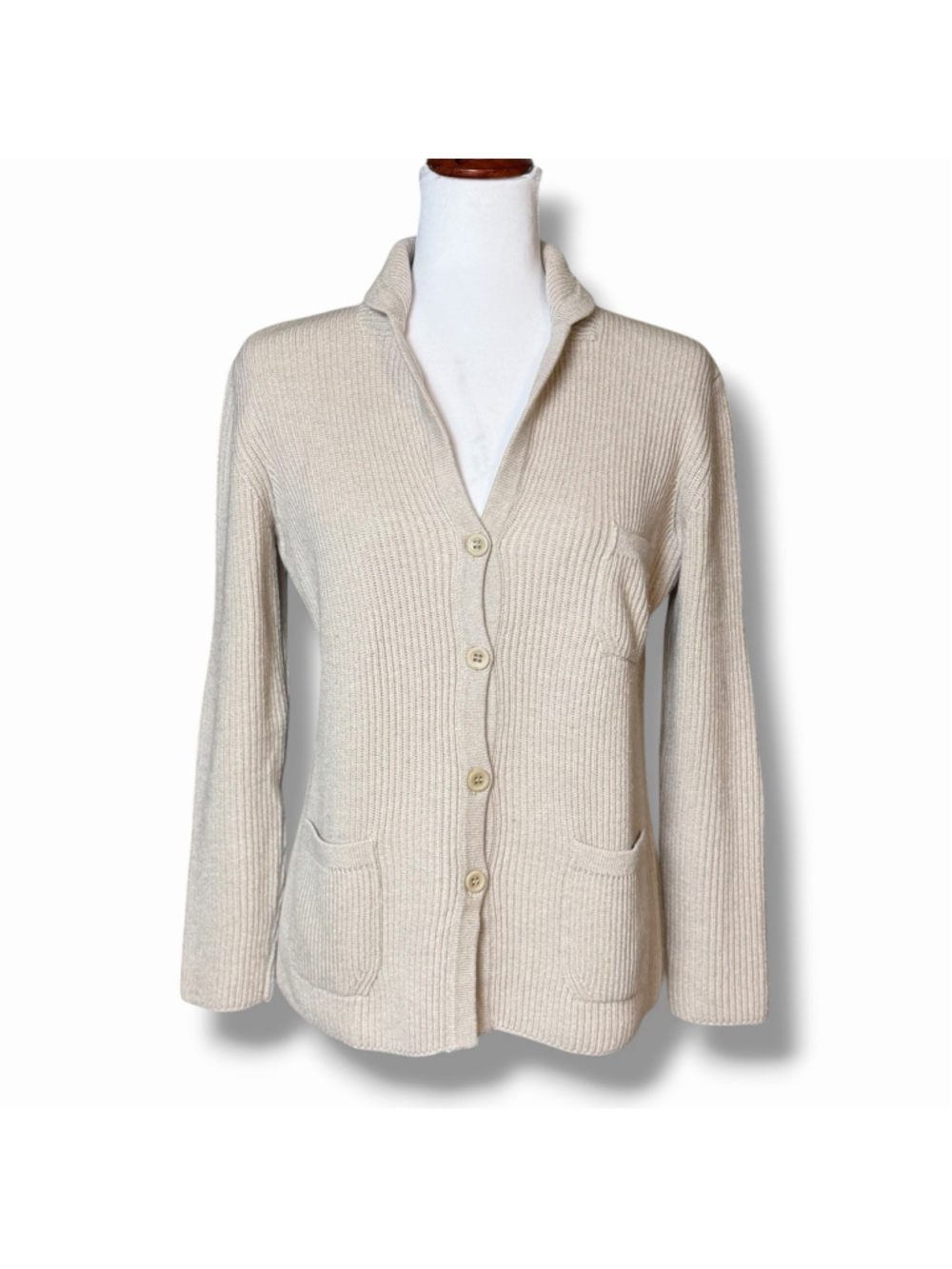 Amina Rubinacci Napoli Cashmere Cotton Ribbed Sweater Cardigan 44/M Beige *READ*